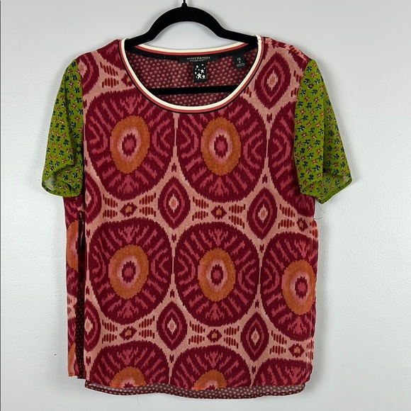 Scotch & Soda Patterned Red and Green Short Sleeve Top Women's Top Size 2 - Picture 2 of 9